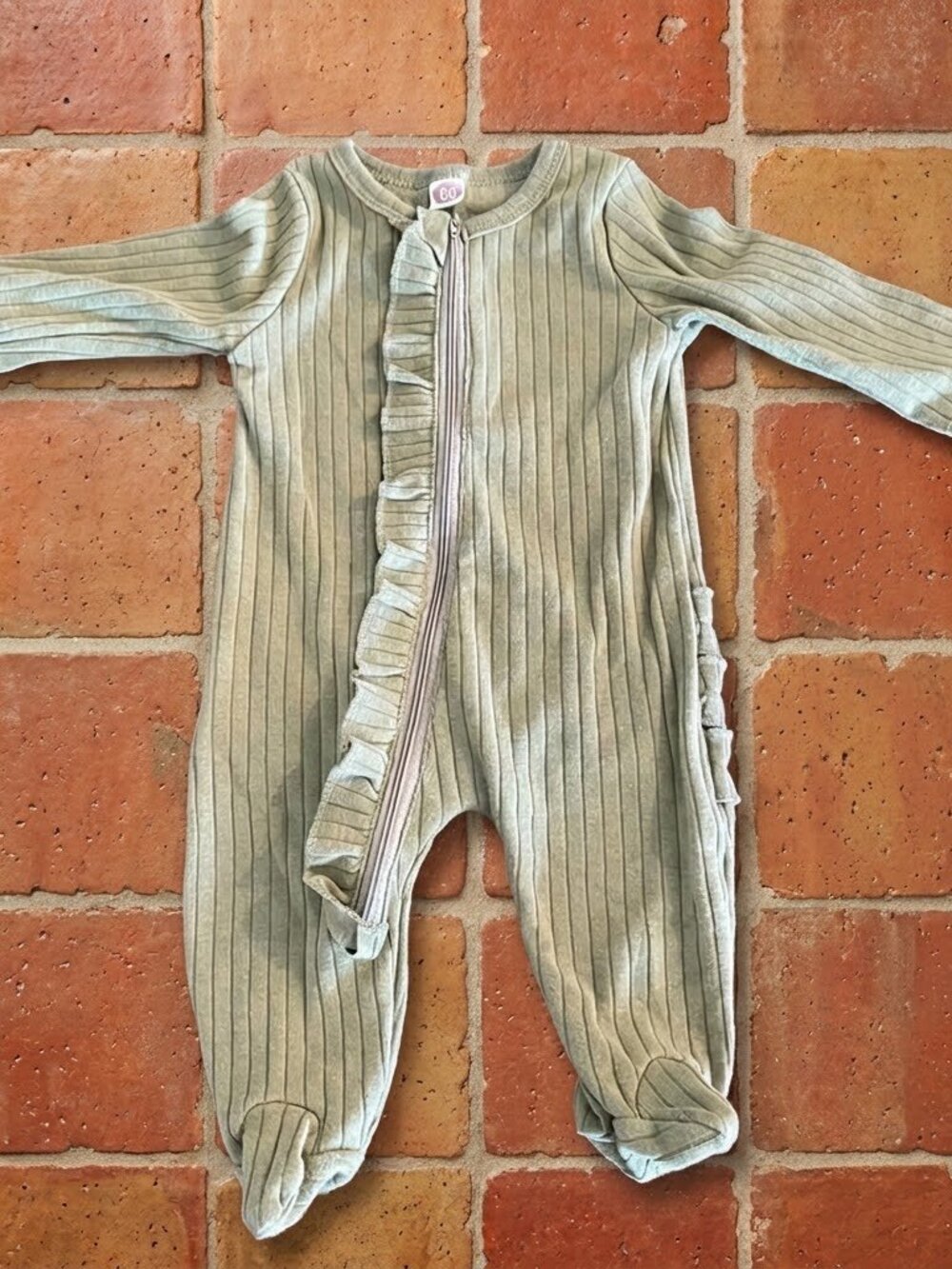 Baby Girl Ribbed Ruffle Footie One Piece Zipper Romper Sage Green Sleeper 3-6M